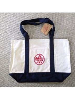 Trader Joe's Cream & Navy Canvas Tote with Red Logo
